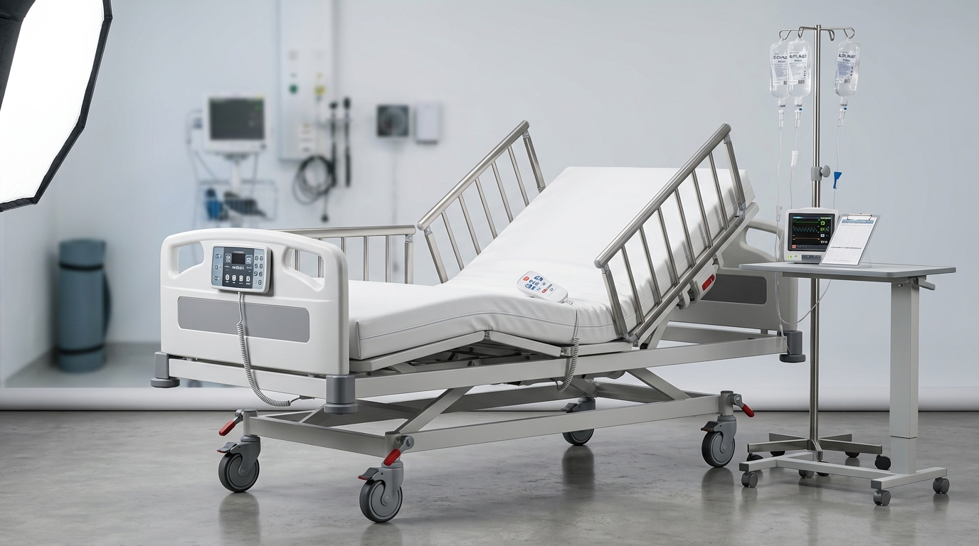 Electric hospital bed with side rails, IV pole, and overbed table